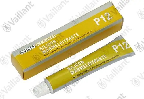 Tube mit Wärmeleitpaste von Vaillant, ausgelegt für die Anwendung auf Heat-Sinks. Verpackung in gelb und silber mit den Worten "Silicon Wärmeleitpaste".